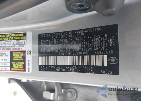 2020 Toyota Camry Se из США, поврежденный, VIN 4T1G11AK1LU930385